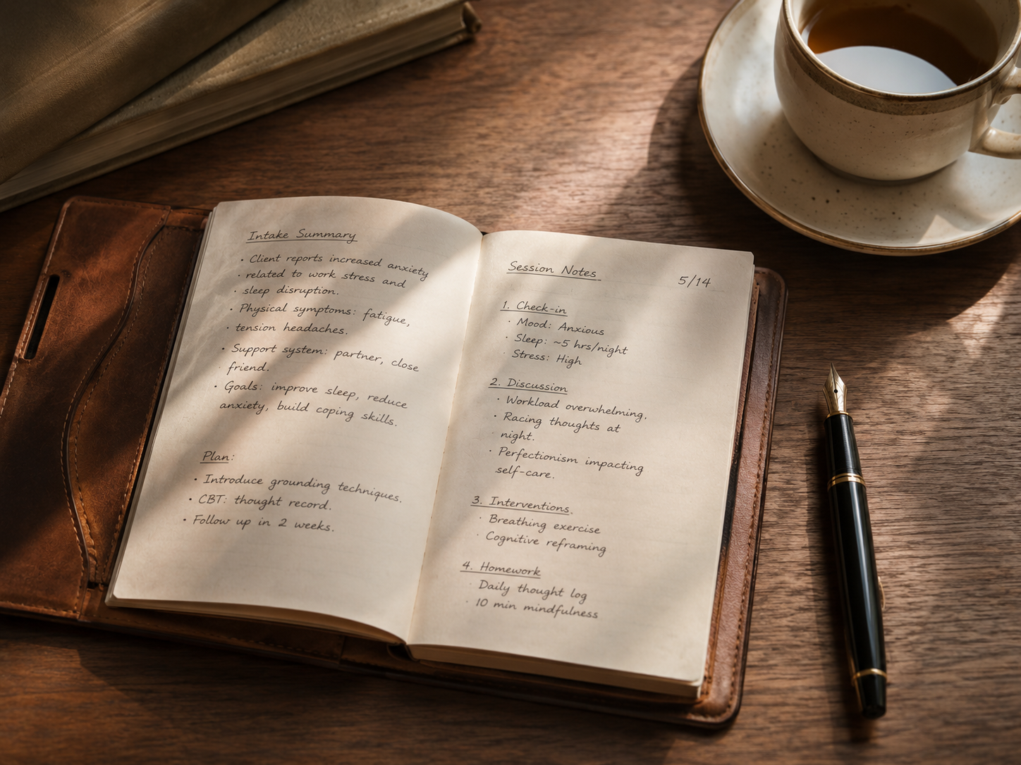 Handwritten clinical notes in a leather journal on a wooden desk -- patient intake summary, session notes, treatment plan -- at Evolving Minds Psychiatry