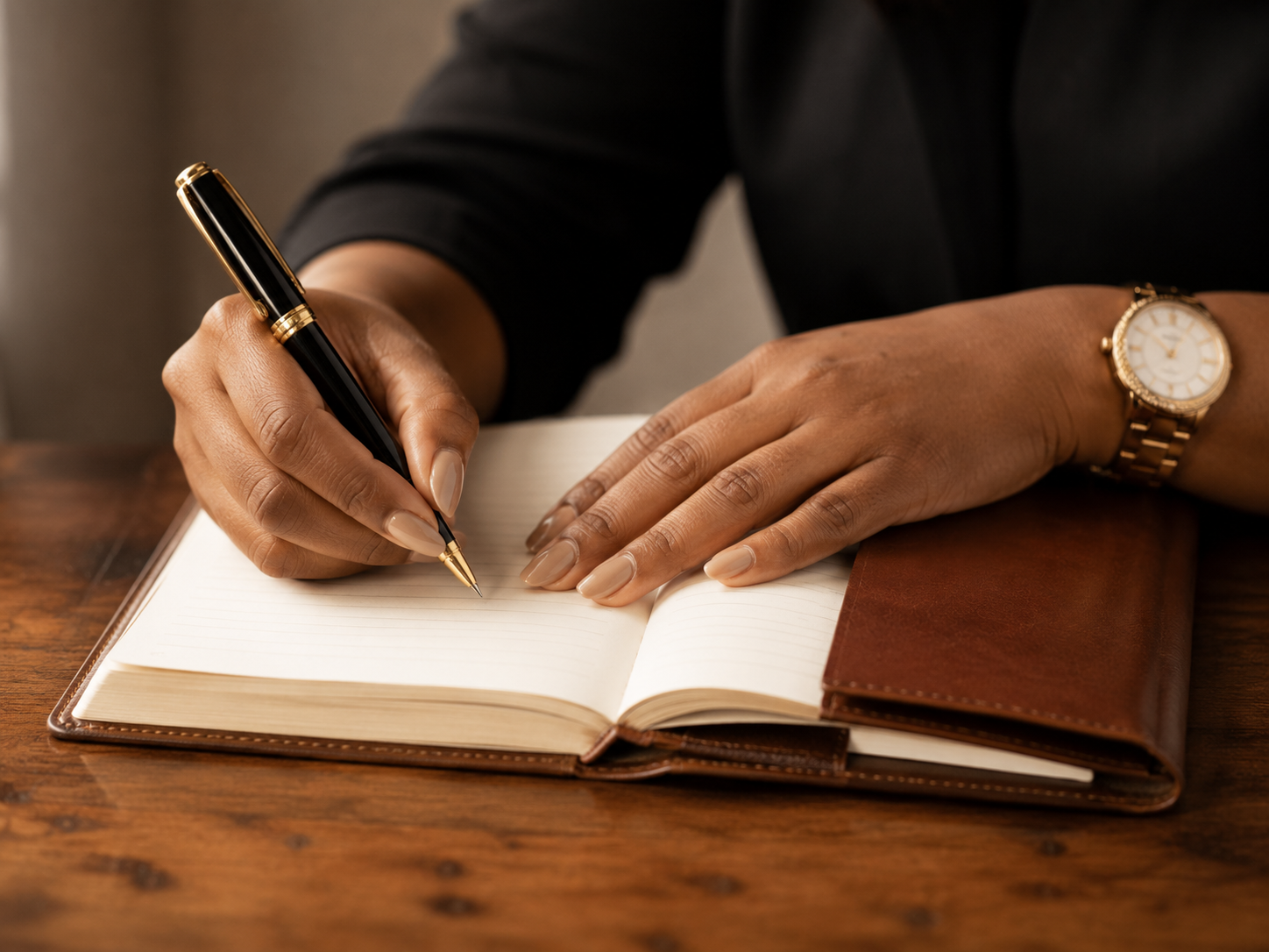 Hands holding a fountain pen, writing in a leather notebook