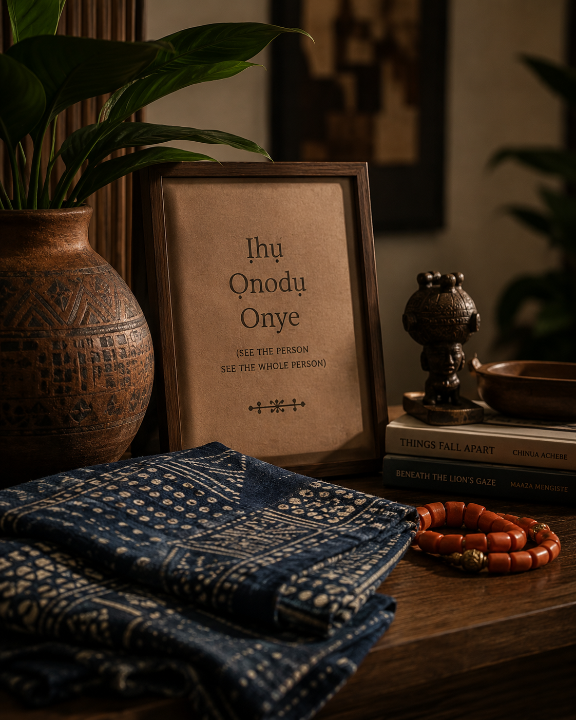 A framed Igbo phrase, Ịhụ Ọnọdụ Onye -- see the person, see the whole person -- alongside Adire indigo textile, terracotta pottery, and African literature