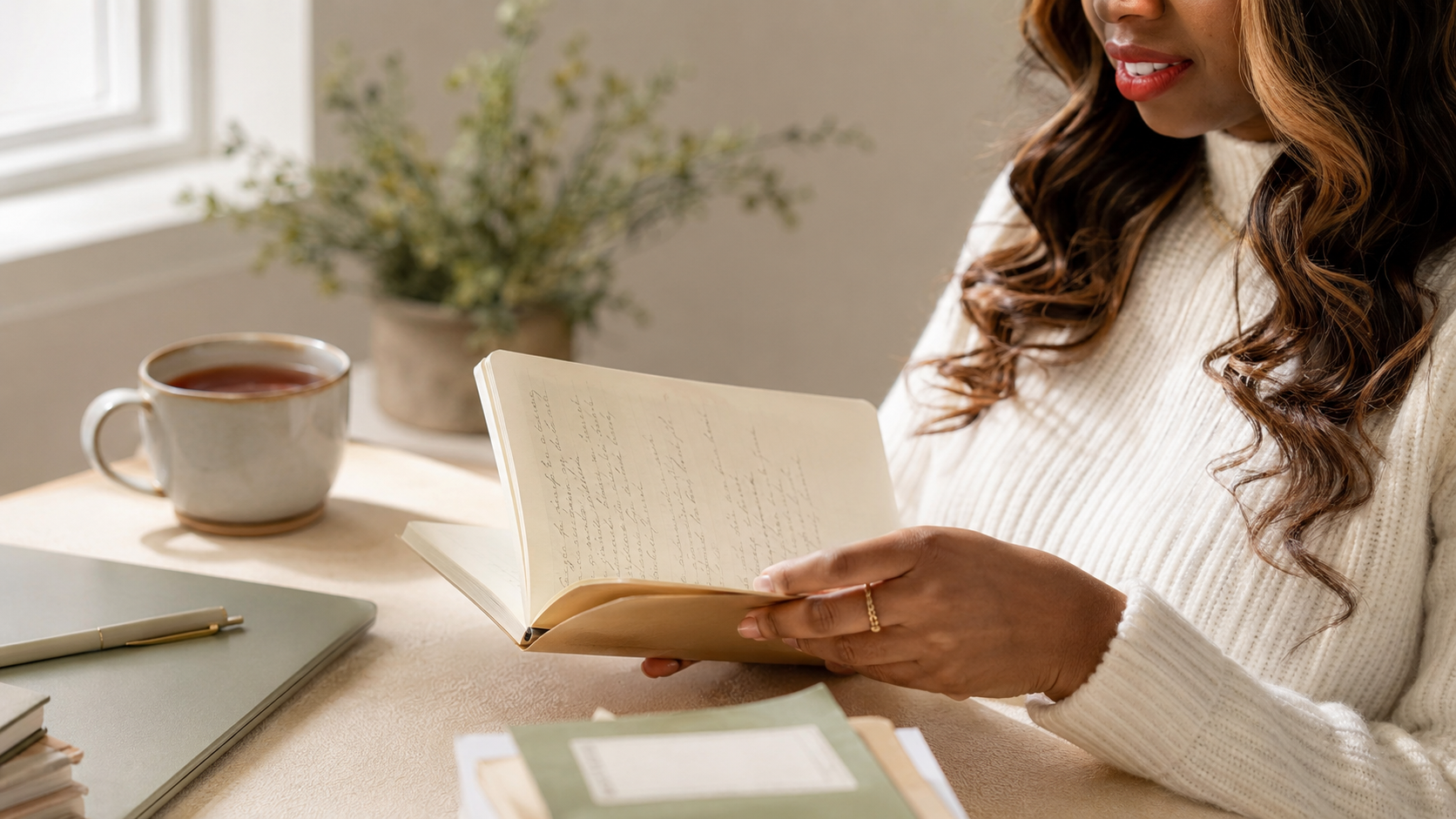 Hands holding an open journal beside a cup of tea